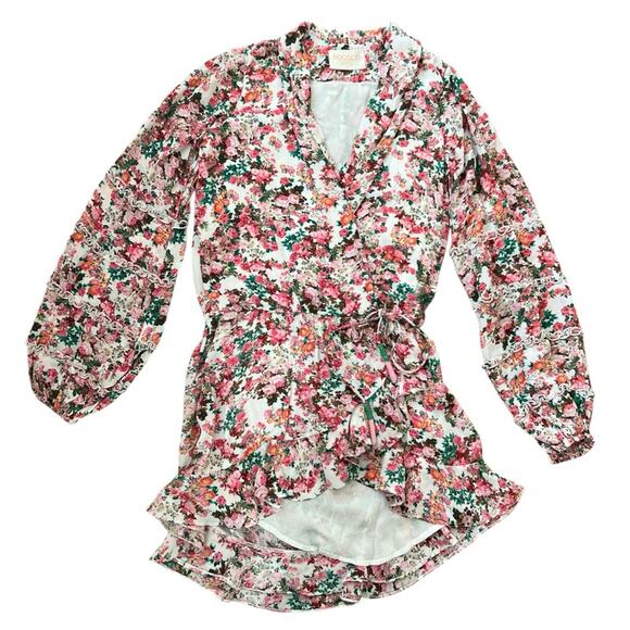 Rococo Sand Women’s Vie Crepe Pink Floral Green Long Sleeve Ruffle Mini Dress XS - Picture 12 of 13
